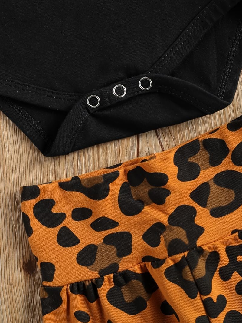 Novorozená Dívka Kombinéza S Krátkým Rukávem + Leopardí Potisk Kalhoty Set Kojenecké Oblečení Body
