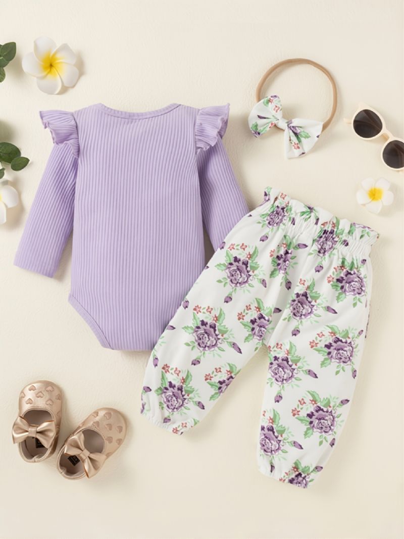 Oblečení Pro Miminko Volánkový Overal + Květinové Kalhoty + Sada Čelenky Dívčí Pro Novorozence