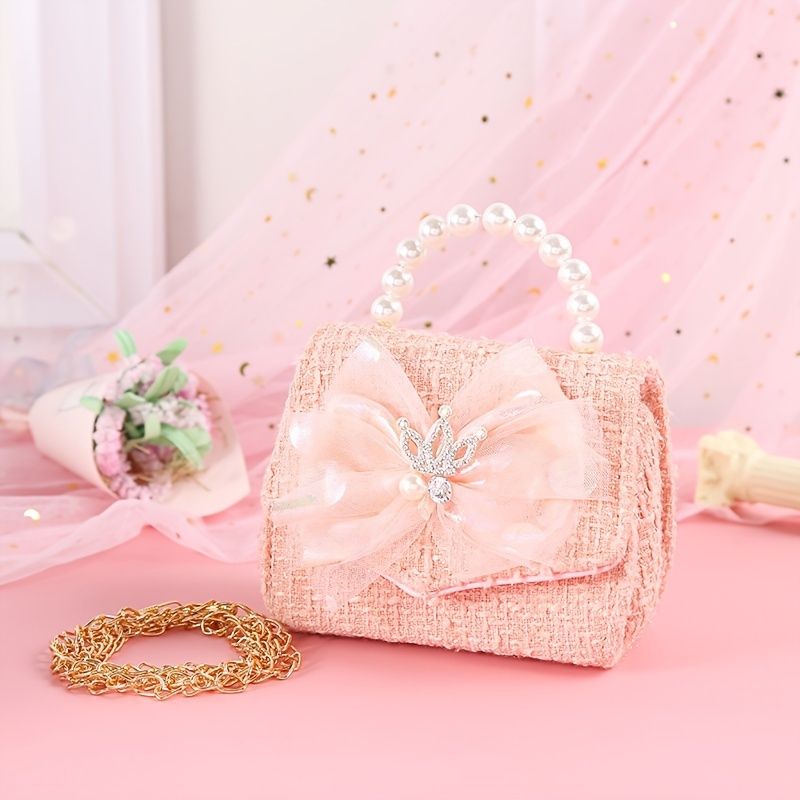 Děťátko Dívky Crown Bow Mesh Decor Pearl Kabelka Crossbody Princess Taška Přes Rameno Řetízková