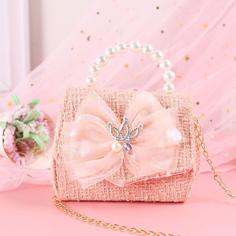 Děťátko Dívky Crown Bow Mesh Decor Pearl Kabelka Crossbody Princess Taška Přes Rameno Řetízková