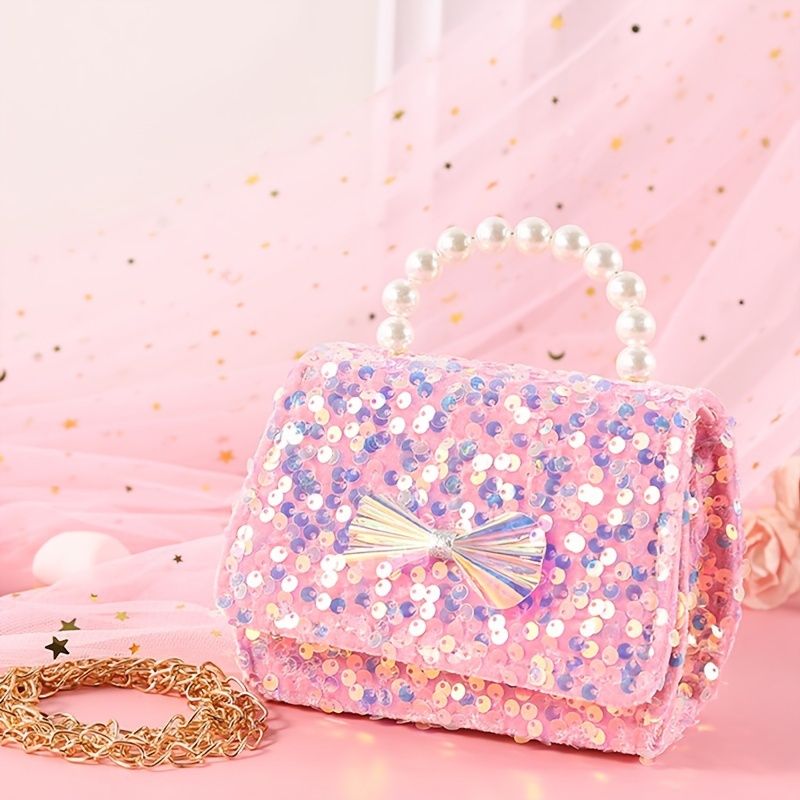 Děťátko Dívky Cute Bow Decor Pearl Glitter Kabelka Crossbody Princezna Taška Přes Rameno Řetízková