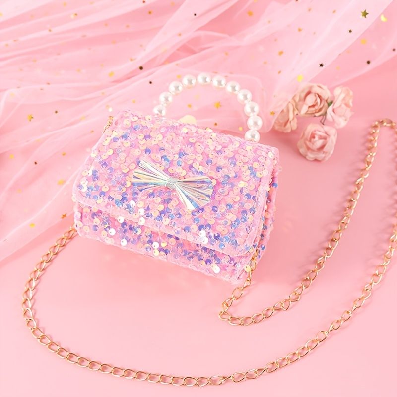 Děťátko Dívky Cute Bow Decor Pearl Glitter Kabelka Crossbody Princezna Taška Přes Rameno Řetízková