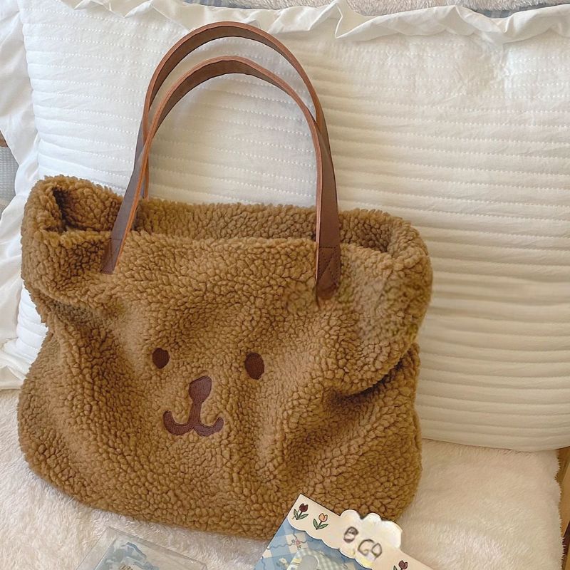 Kawaii Nadýchaná Kabelka Roztomilá Taška Bear Tote Bag Fuzzy Přes Rameno Pro Dívky Dospívající Ženy Velká Nákupní