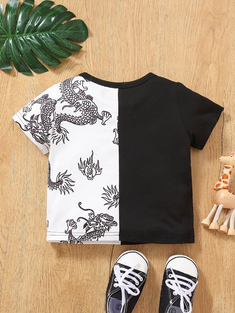 Chlapečtí Chlapci Casual Color Block Dragon Print Tričko S Krátkým Rukávem Crew Top White Black