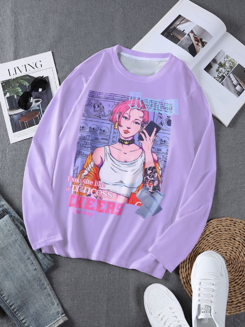 Dámské Tričko Casual Crew Neck Cool Dívky Print Fialové S Dlouhým Rukávem