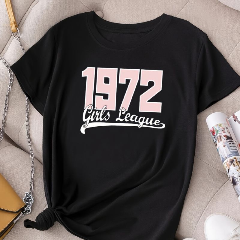 Neformální 1972 Dívky League Potisk Tričko Crew Neck Volný Krátký Rukáv Móda Letní Trička Topy Dámské Oblečení