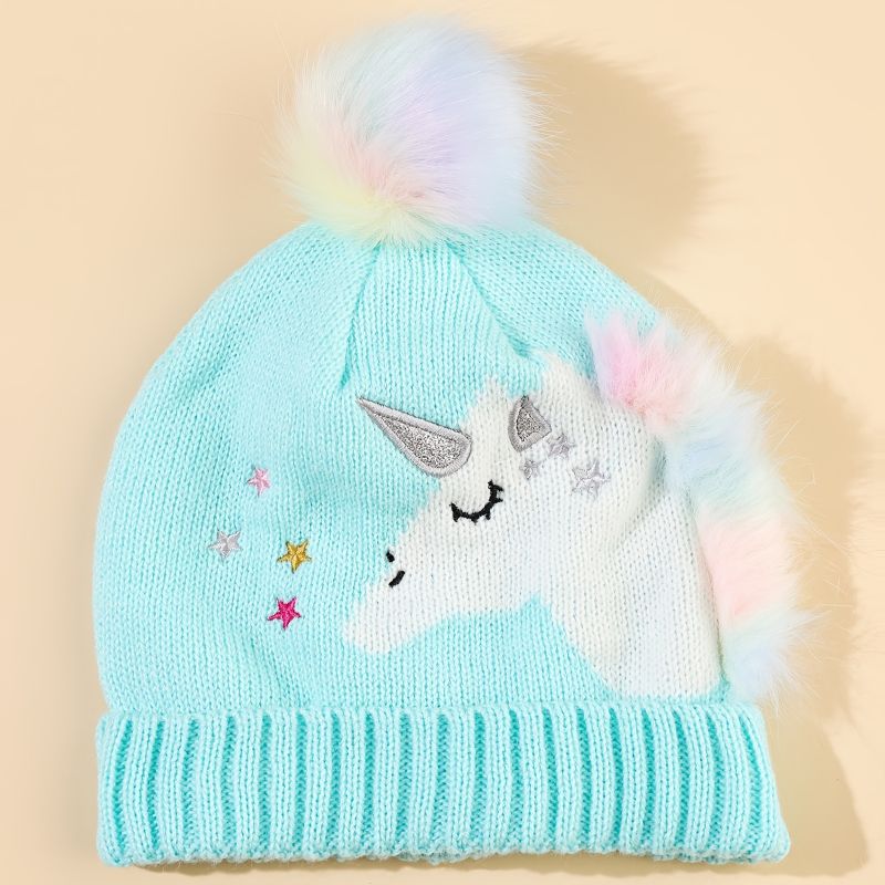 Dětská Dívčí Teplá Čepice Unicorn Pletená S Pom Pom Winter