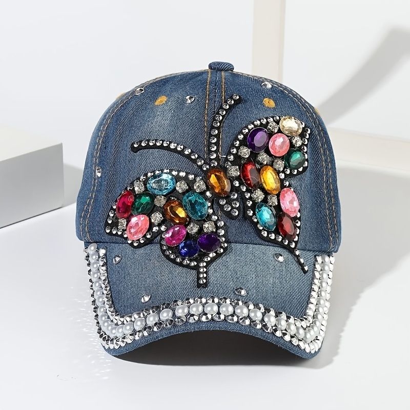 Venkovní Nastavitelná Čepice V Neformálním Stylu Butterfly Rhinestone Denim Pro Ženy Dívky