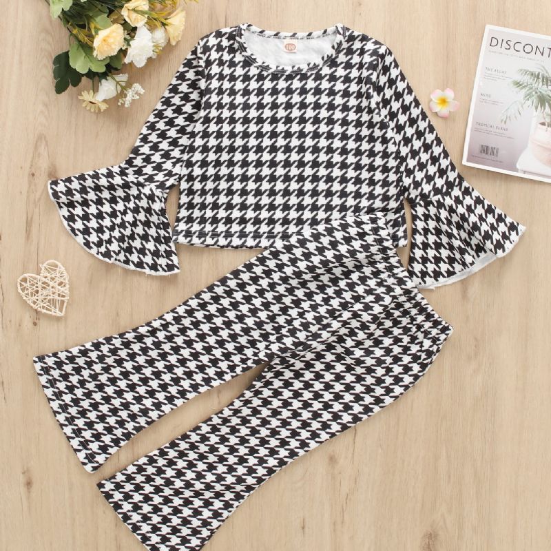 2ks Dívčí Kalhoty S Dlouhým Rukávem Houndstooth Print Flare Sleeve