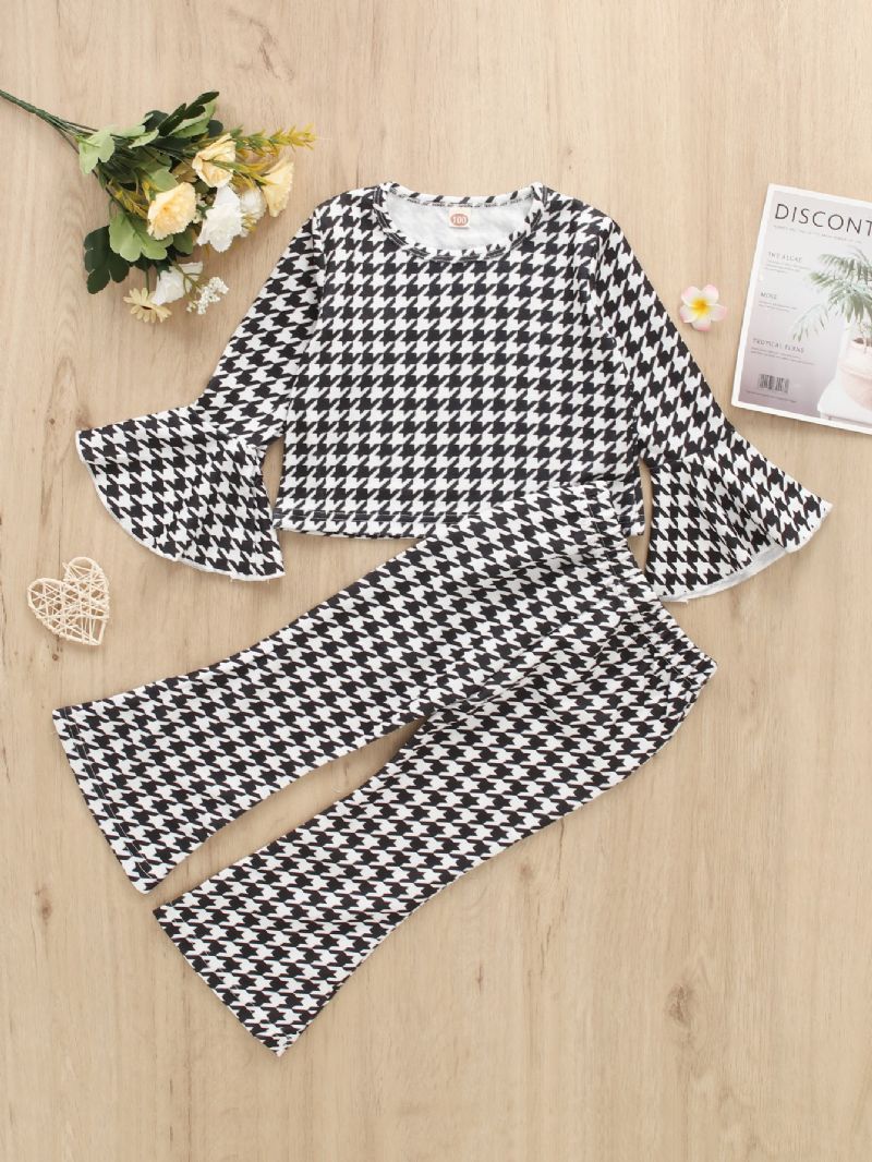 2ks Dívčí Kalhoty S Dlouhým Rukávem Houndstooth Print Flare Sleeve