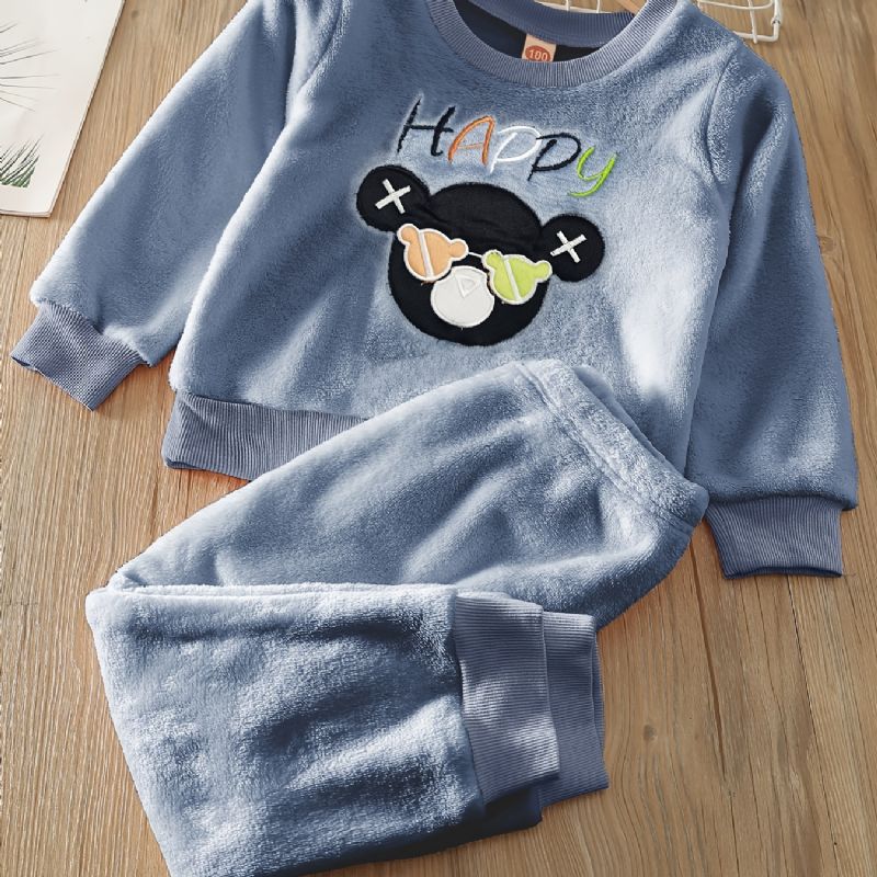 Chlapci Dívčí Fleece Bear Vyšívaný Top + Kalhoty Set Dětské Oblečení