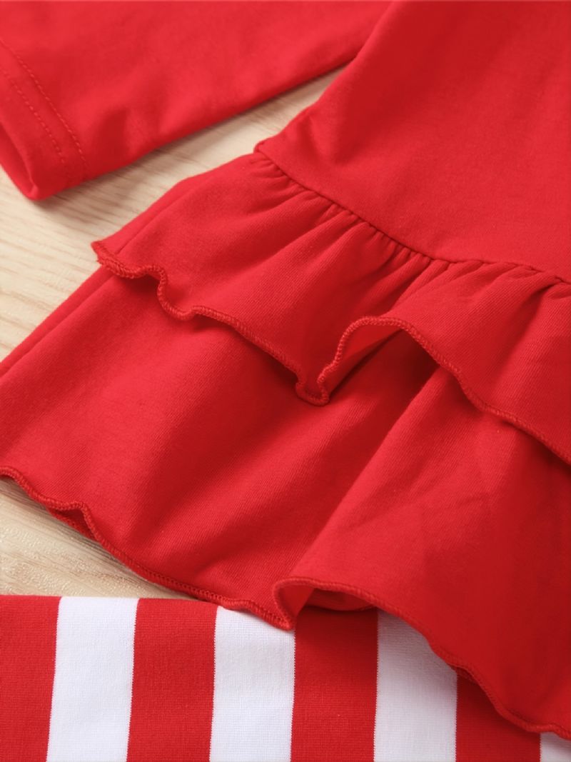 Vánoční Dívčí Výšivka Santa Claus Červený Volán Trim Crew Neck Topy & Pruhované Kalhoty