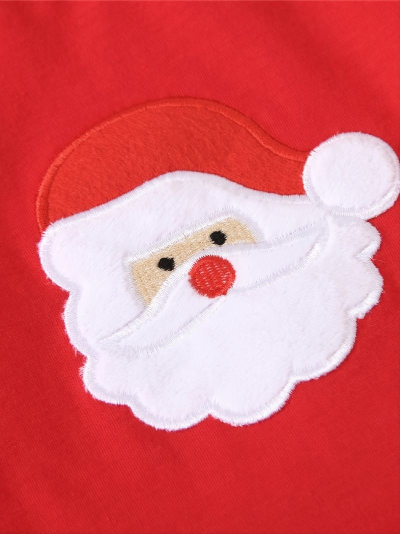 Vánoční Dívčí Výšivka Santa Claus Červený Volán Trim Crew Neck Topy & Pruhované Kalhoty