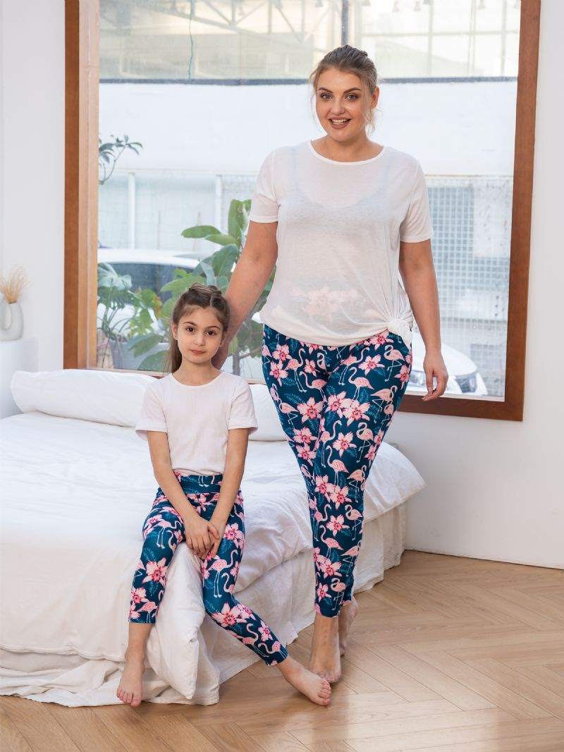 Podzim Zima Dívčí Móda Květiny Pink Flamingo Printed High Elasticity Leggings