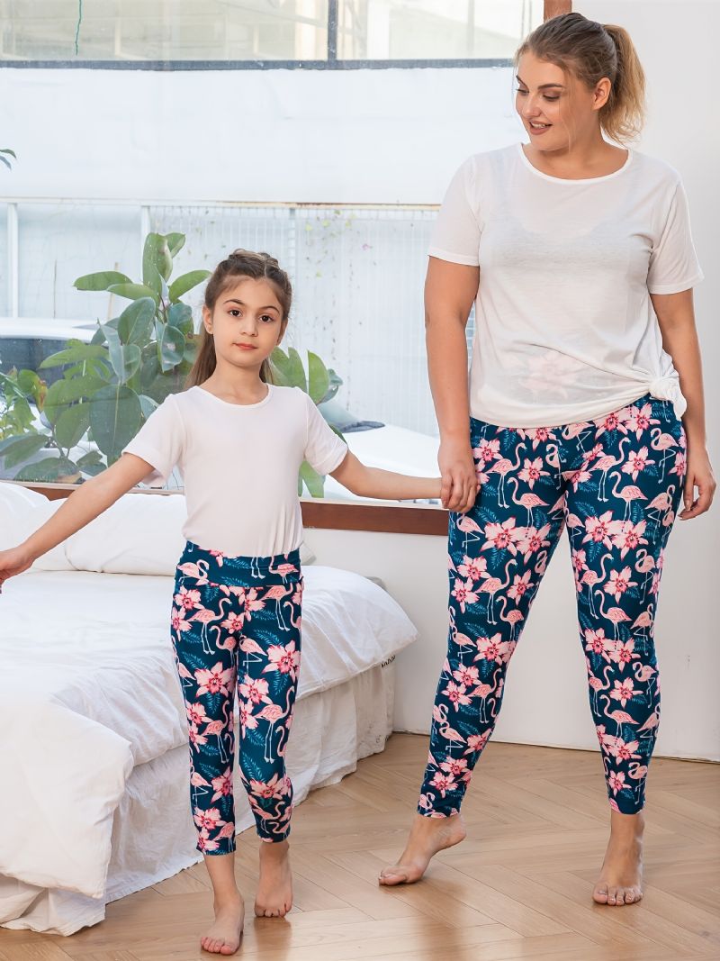 Podzim Zima Dívčí Móda Květiny Pink Flamingo Printed High Elasticity Leggings