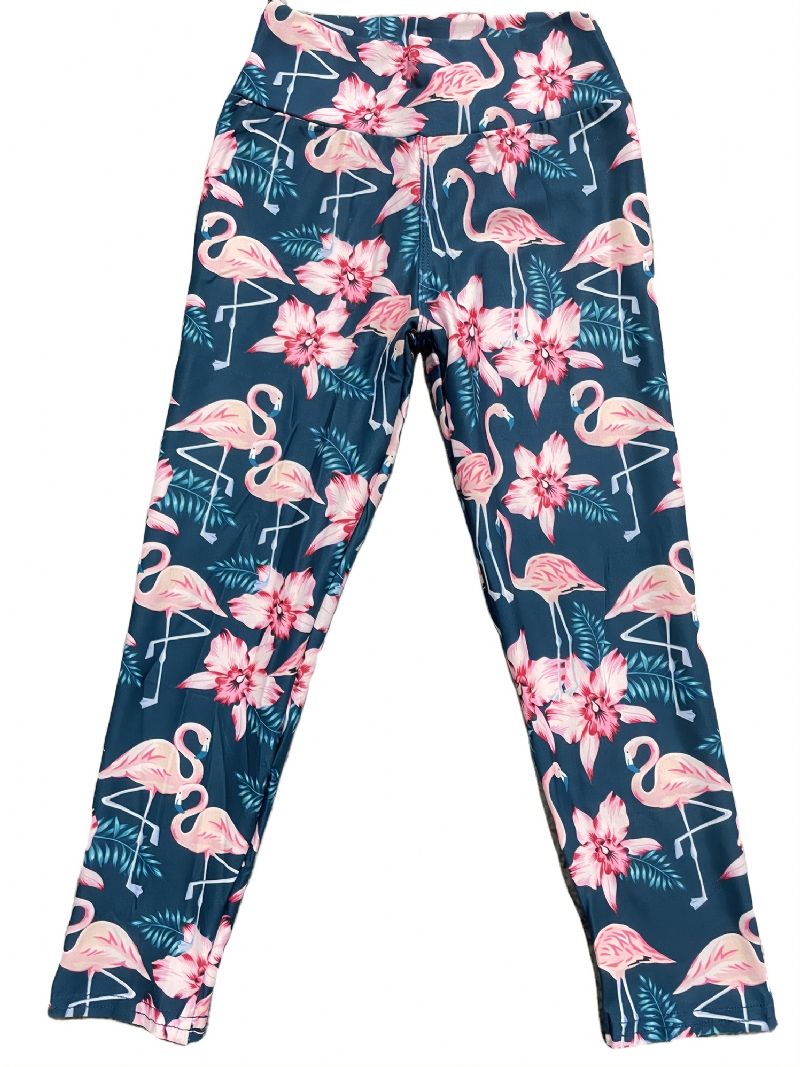 Podzim Zima Dívčí Móda Květiny Pink Flamingo Printed High Elasticity Leggings