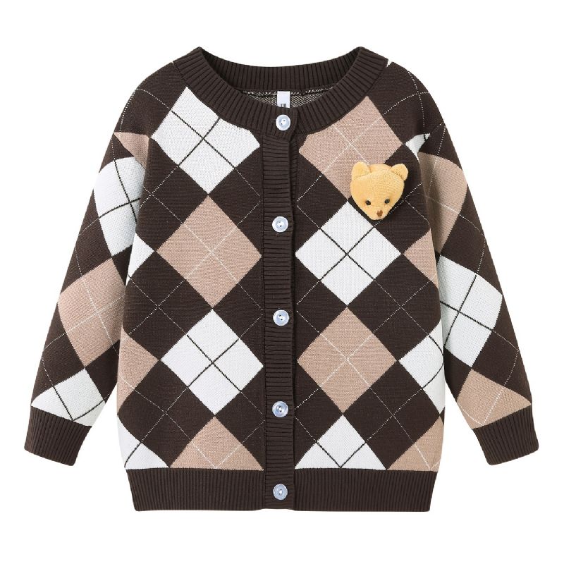 Dětský Dívčí Svetr Plaid Bear College Style Pletený Cardigan