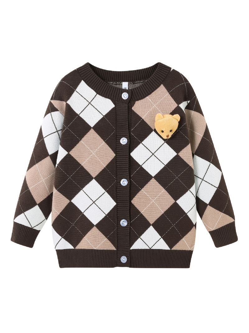 Dětský Dívčí Svetr Plaid Bear College Style Pletený Cardigan