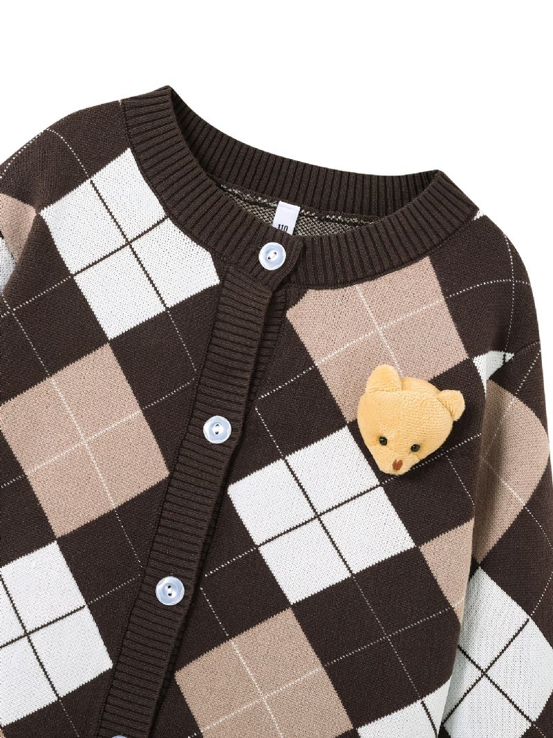 Dětský Dívčí Svetr Plaid Bear College Style Pletený Cardigan