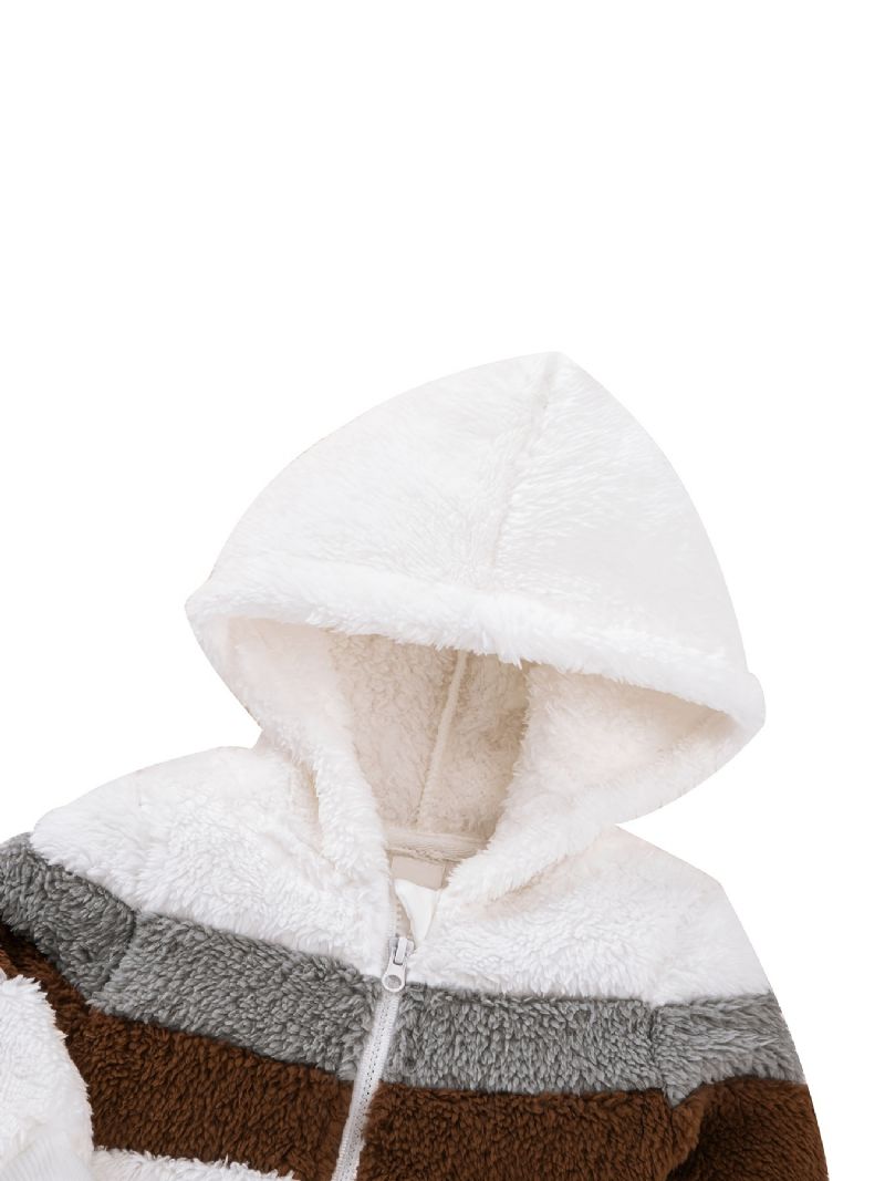 Kojenecká Plyšová Zateplená Bunda S Kapucí Barevný Blok Na Zip Kabát Zimní Pro Dívky Chlapci Dětské Oblečení