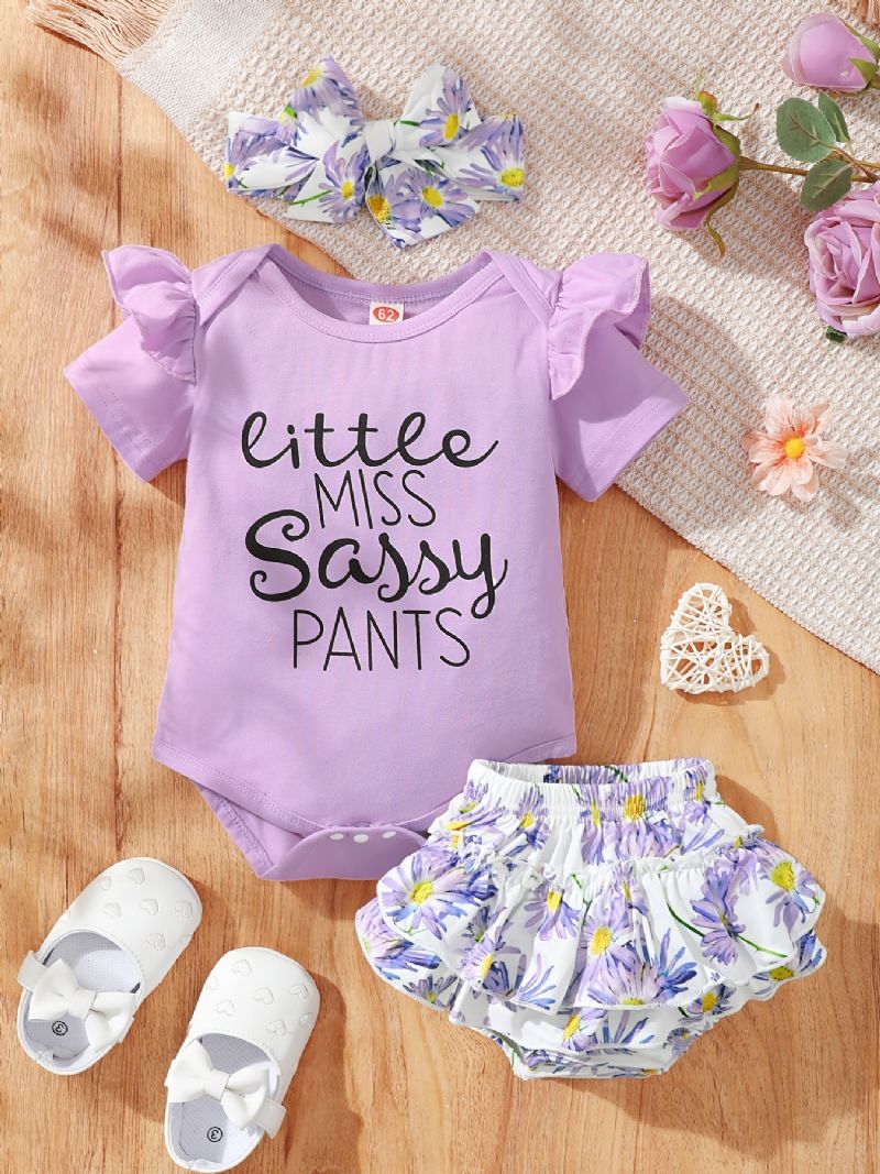 Dívčí Ruffle Převlek S Výstřihem + Květinový Potisk Kalhotky Šortky + Čelenka Set Kojenecké Oblečení Body Onesie