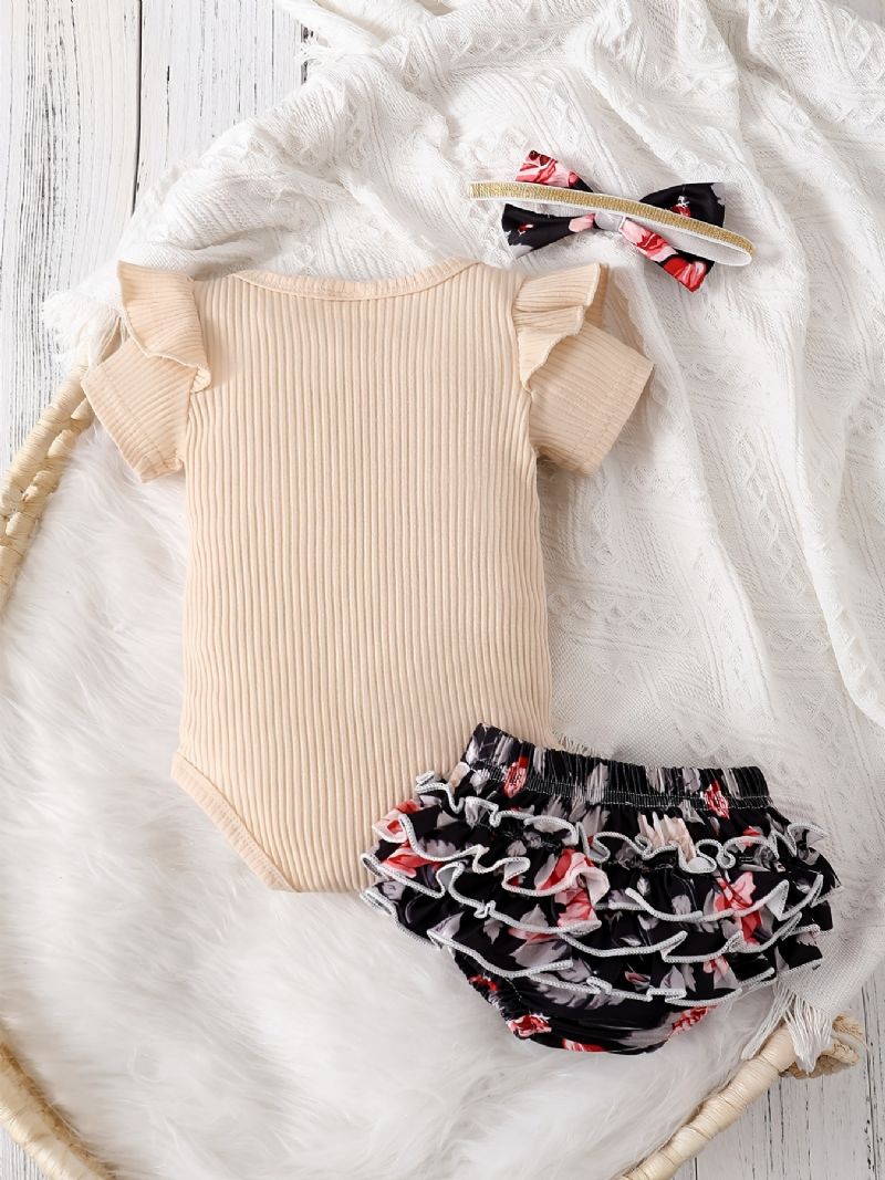 Dívčí Ruffle Převlek S Výstřihem + Květinový Potisk Kalhotky Šortky + Čelenka Set Kojenecké Oblečení Body Onesie