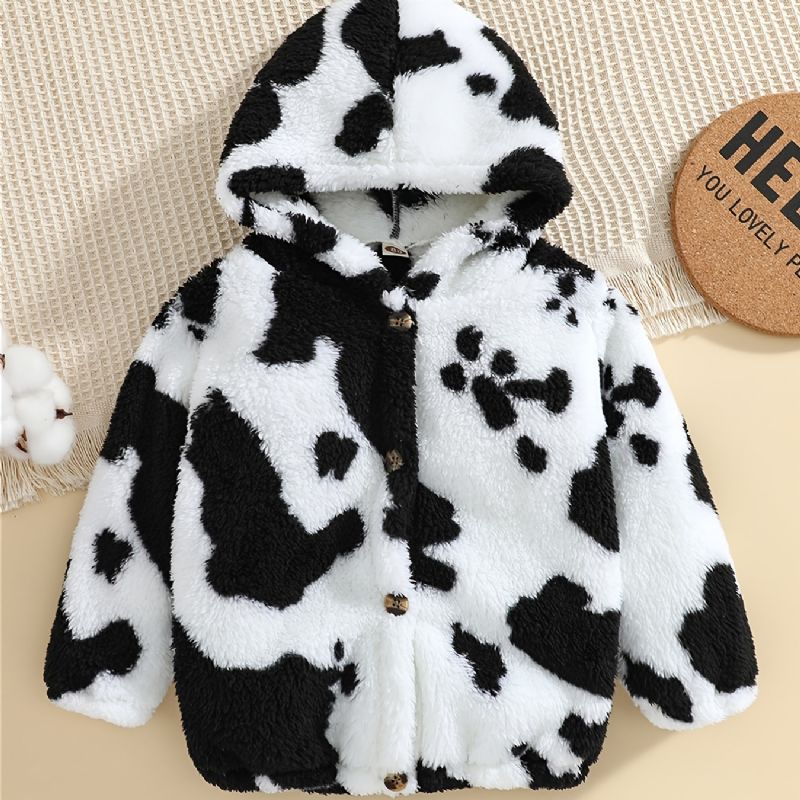 Chlapci Cow Print Fleece Button Down Bunda S Kapucí Teplé Dětské Oblečení Na Zimu