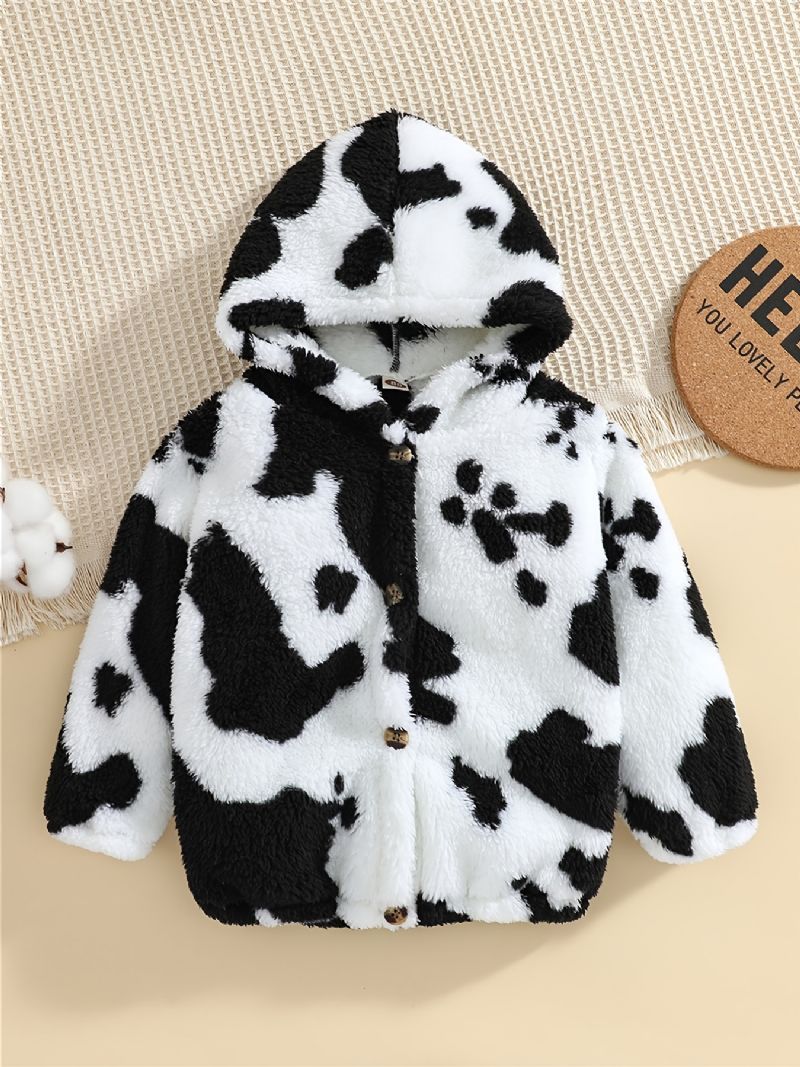 Chlapci Cow Print Fleece Button Down Bunda S Kapucí Teplé Dětské Oblečení Na Zimu