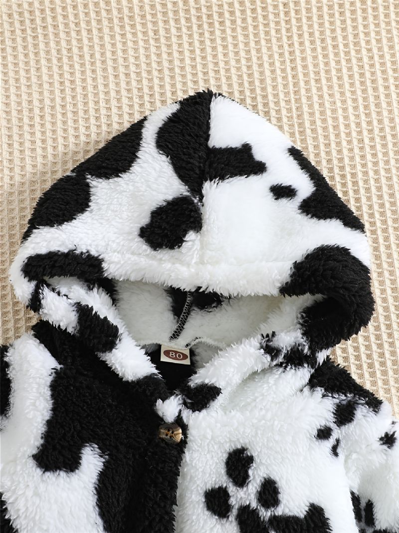 Chlapci Cow Print Fleece Button Down Bunda S Kapucí Teplé Dětské Oblečení Na Zimu