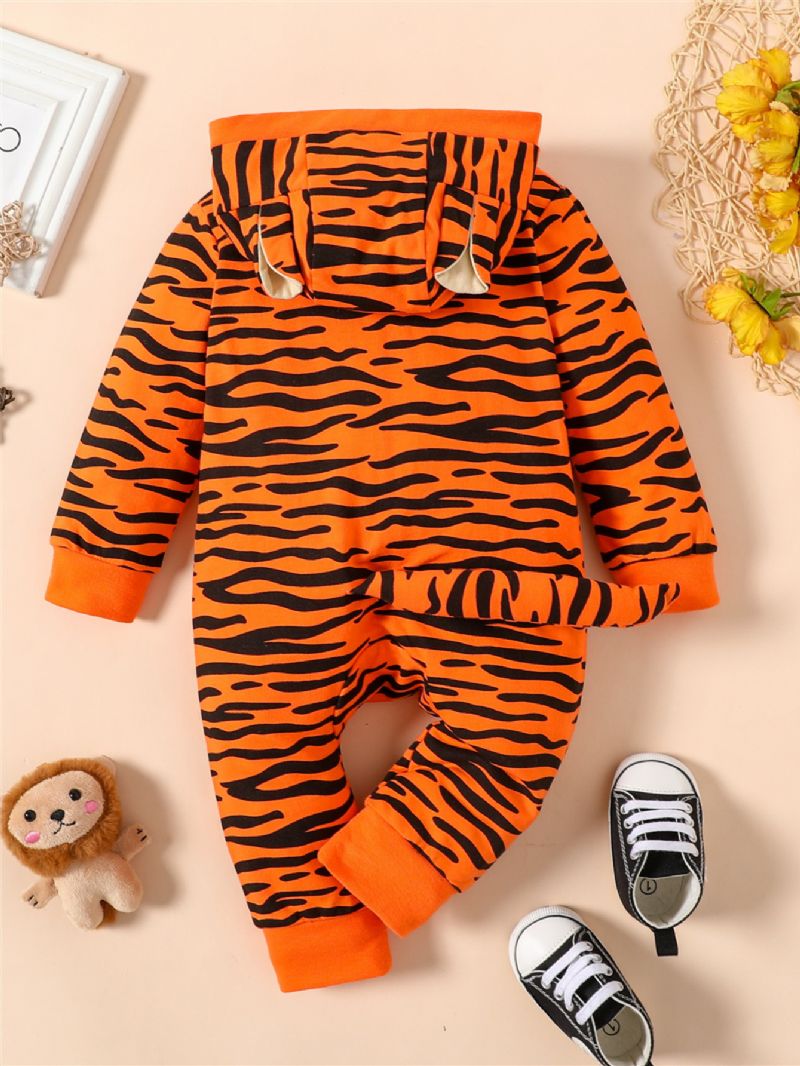 Novorozenci Chlapečci Dívčí 3d Kreslená Kombinéza Zvířecí Tygr Leopard Mikina Pláštěnka Playsuit Na Zip Onesies S Ocasem